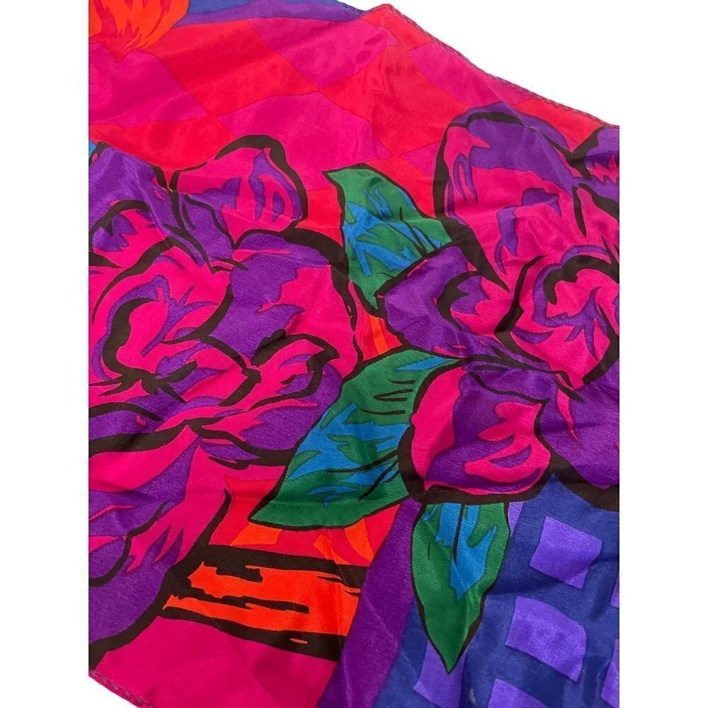 Silk Scarf Purple Blue Pink Floral Rectangular Scarf 52